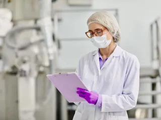 Woman in protective clothing, mask, and gloves holding a tablet in a manufacturing facility.